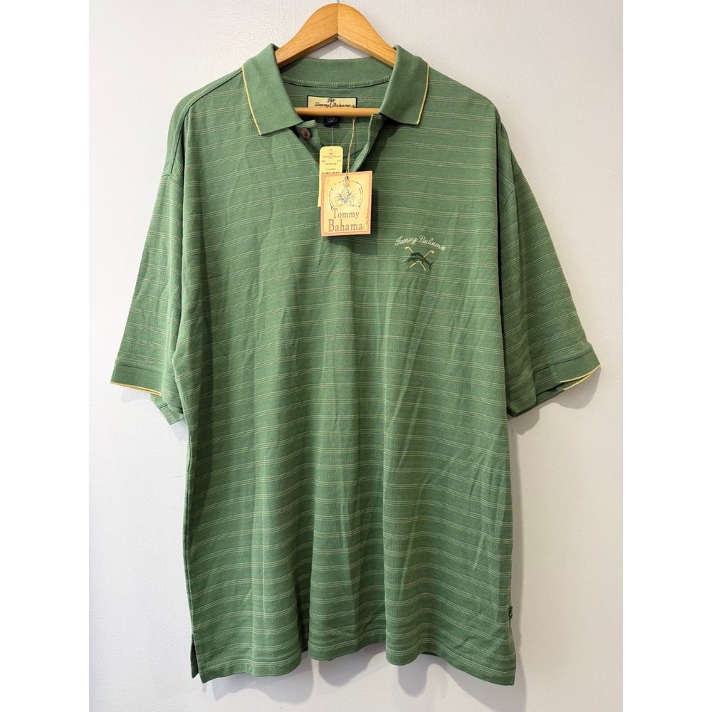 Tommy Bahama Mens Large Silk Cotton Polo Shirt Green Striped